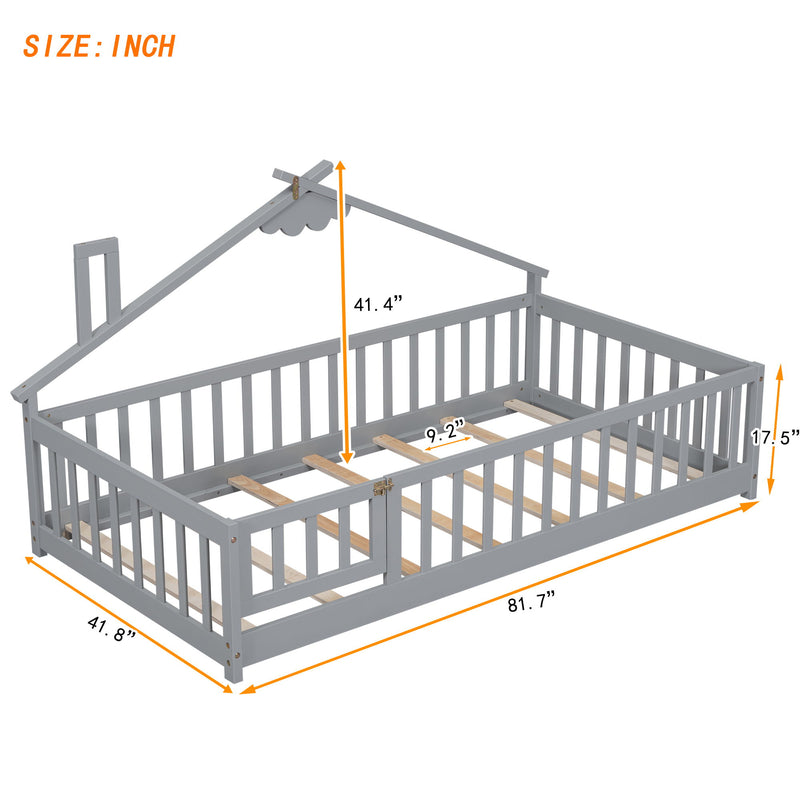 House-Shaped Bedside Floor Bed With Guardrails, Slats, With Door