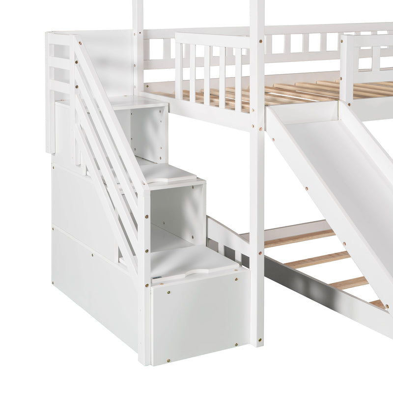 Twin Over Twin Bunk Bed with Two Drawers and Slide, House Bed with Slide, White(OLD SKU :LP000129AAK)