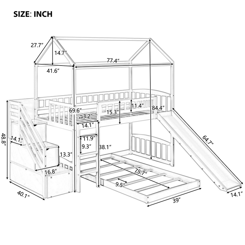 Twin Over Twin Bunk Bed with Two Drawers and Slide, House Bed with Slide, White(OLD SKU :LP000129AAE)