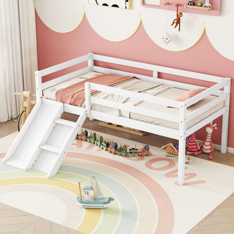 Twin Low Loft Bed with Slide,  Ladder, Safety Guardrails, No Box Spring Needed,White