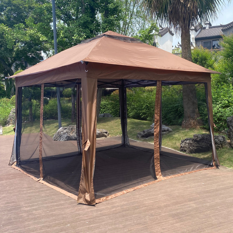 Outdoor 11X 11Ft Pop Up Gazebo Canopy With Removable Zipper Netting, 2 Tier Soft Top Event Tent, Suitable For Patio Backyard Garden Camping Area With 4 Sandbags - Brown