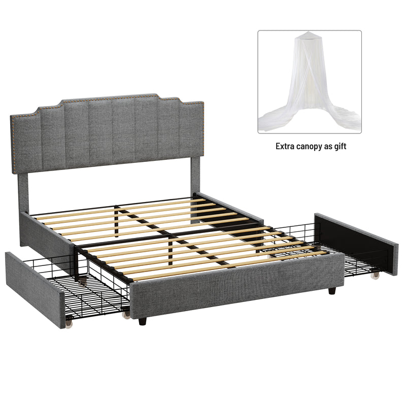 Queen Size Upholstered Platform Bed Linen Bed Frame with 2 Drawers Stitched Padded Headboard with Rivets Design Strong Bed Slats System No Box Spring Needed Grey