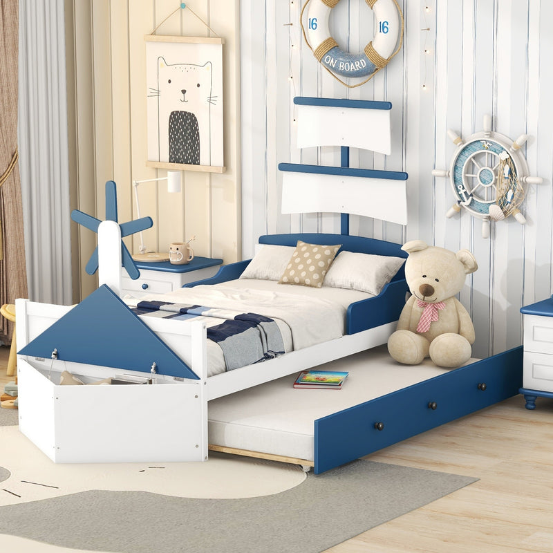 Twin Size Boat-Shaped Platform Bed with Twin size Trundle,Twin Bed with Storage for Bedroom,Blue