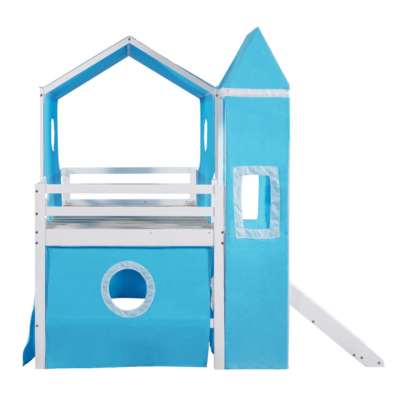 Twin Size Bunk Bed with Slide Blue Tent and Tower - Blue