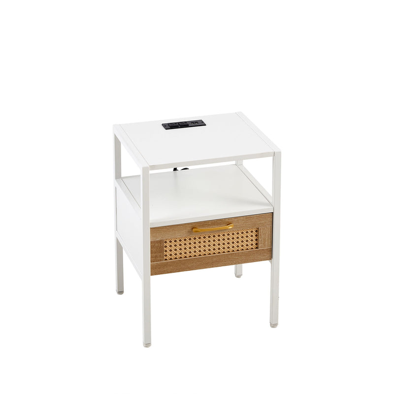 Rattan End Table With Power Outlet & USB Ports, Modern Nightstand With Drawer And Metal Legs, Side Table For Living Room, Bedroom