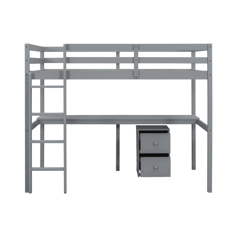 Loft Wood Bed With Under-Bed, Built-In Desk, A Storage Cabinet Of 2 Drawers, Guardrails, Ladder