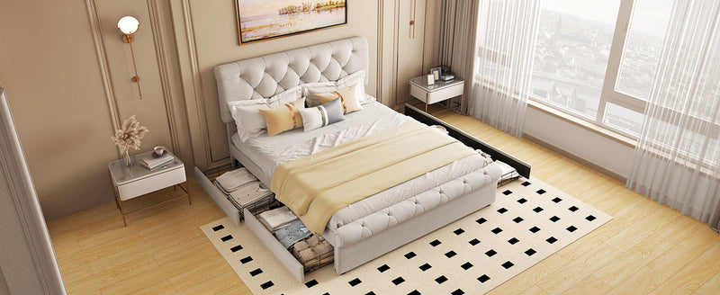 Queen size Upholstered Platform bed with Four Drawers, Antique Curved Headboard, Linen Fabric, Beige (without mattress)