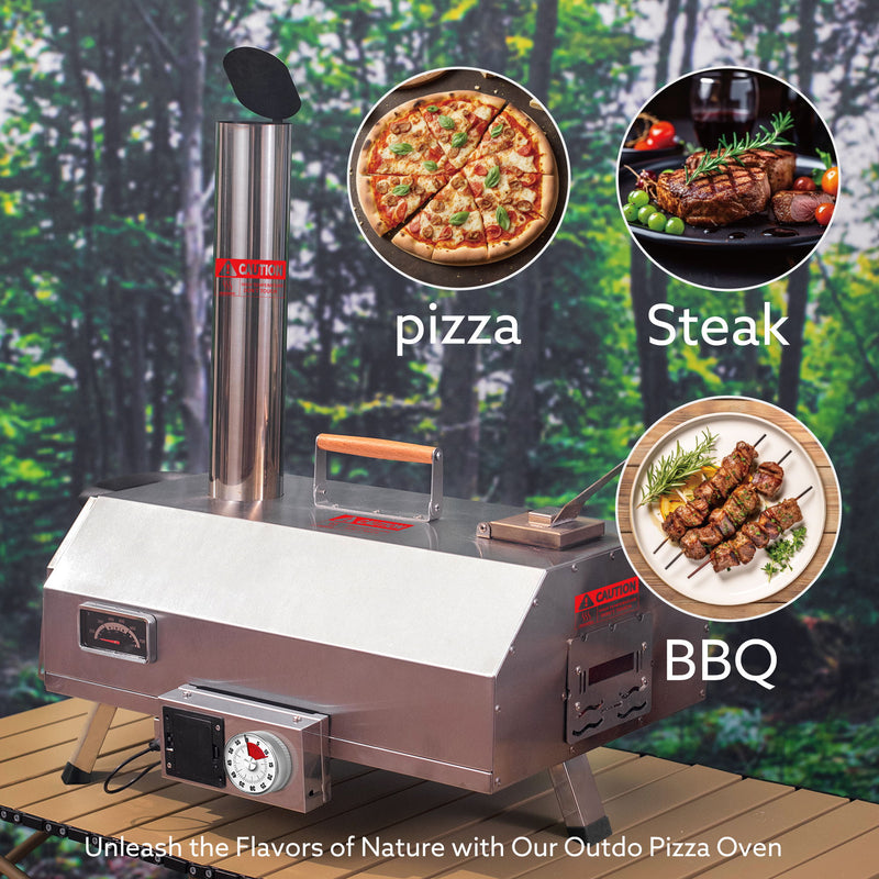 Stainless Steel Pizza Oven Outdoor 12" Automatic Rotatable Pizza Ovens, Portable Wood Fired Pizza Oven Pizza Maker With Timer, Built-In Thermometer, Pizza Cutter & Carry Bag - Silver