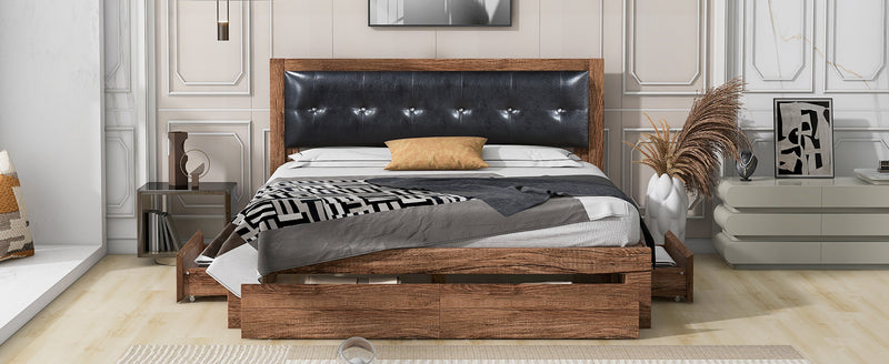 Queen Size Wood Platform Bed with Upholstered Headboard and 4 Drawers