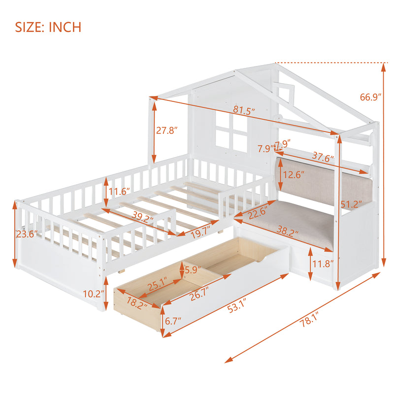 Twin Size House Bed with Sofa, Kids Platform Bed with Two Drawers and Storage Shelf, White