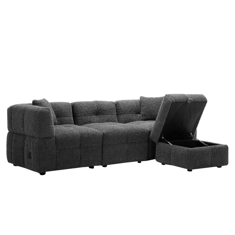 Sectional Sofa Cozy Teddy Fleece Sectional Sofa Couch With Two USB Ports A Movable Storage Ottoman And Two Lumbar Pillows For Living Room