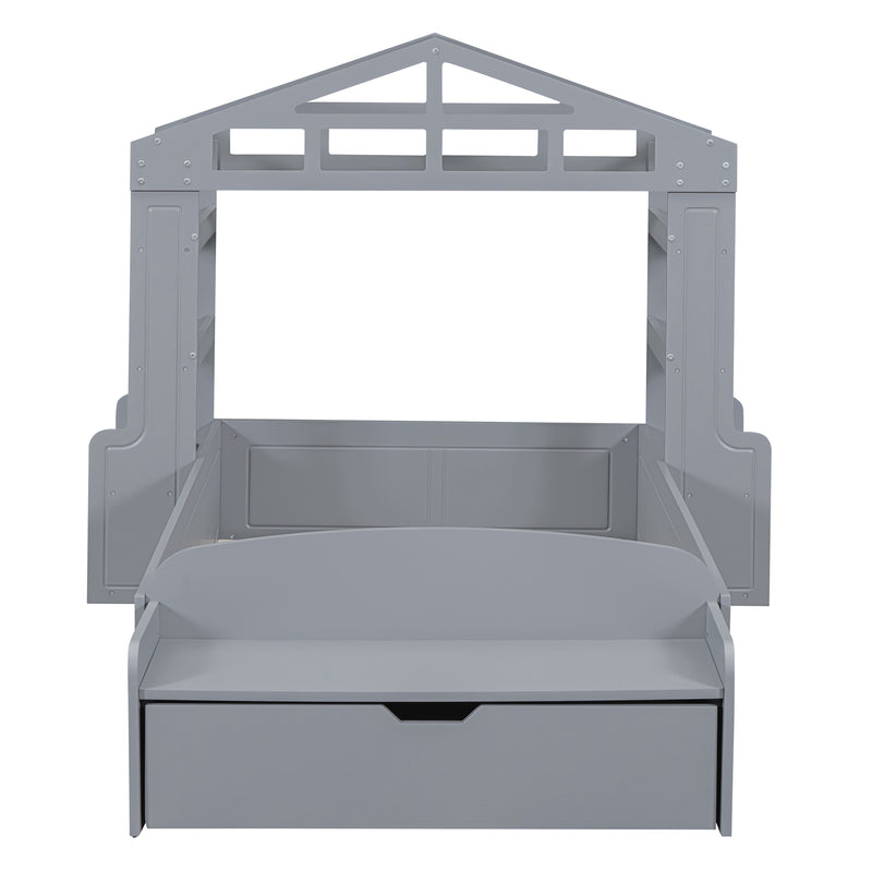 Twin Size House Bed with Bench, Socket and Shelves, Gray