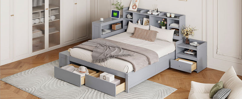 Platform Bed With Multi Functional Storage Space, Nightstand, 2 Drawers, USB Ports And Desk