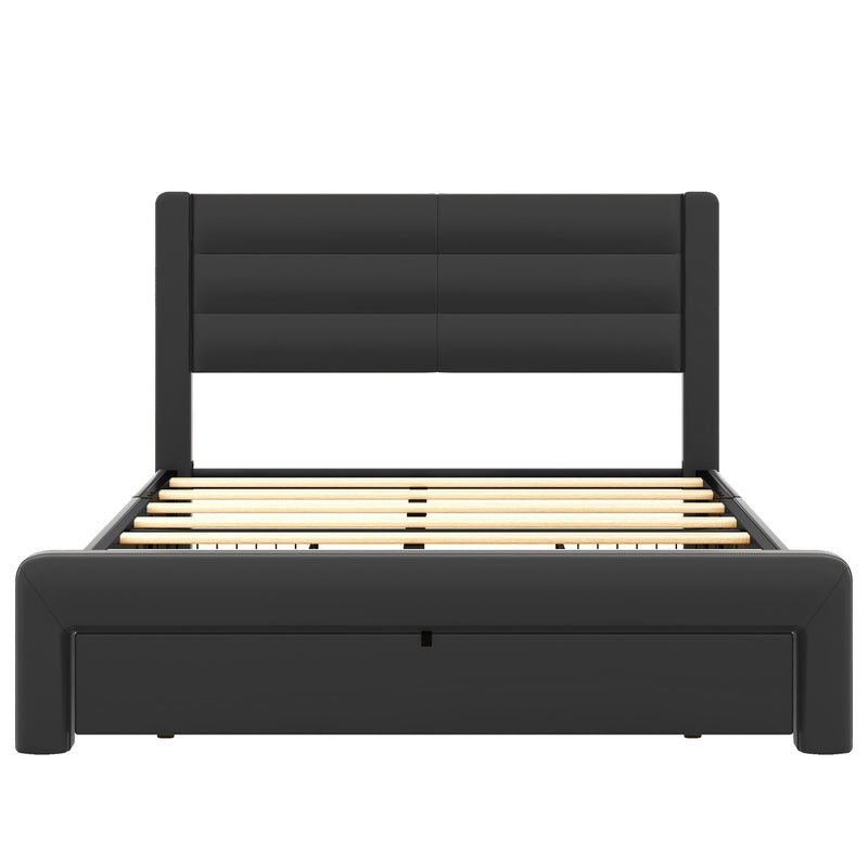 Queen Size Bed Frame with Drawers Storage, Leather Upholstered Platform Bed with Charging Station, Black