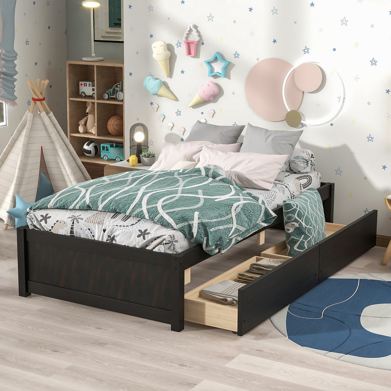 Twin Bed with 2 Drawers, Solid Wood, No Box Spring Needed ,Espresso(New SKU:W504P149043)