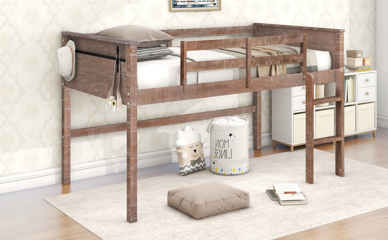 Wood Twin Size Loft Bed with Hanging Clothes Racks, White Rustic Natural