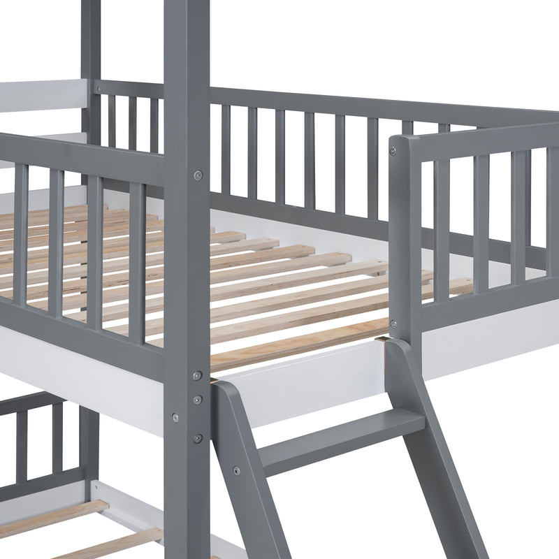 Twin Over Twin Bunk Bed Wood Bed with Roof, Window, Ladder,Gray(OLD SKU :LT100008AAE)