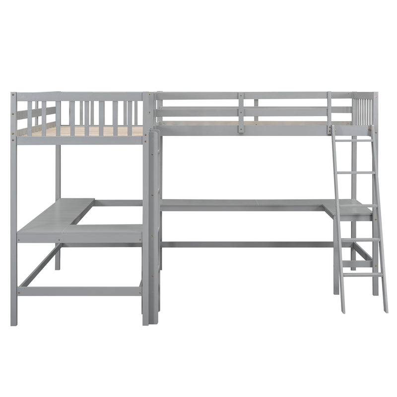 Wood Twin Size L-Shaped Loft Bed with Ladder and 2 Built-in L-Shaped Desks, Gray