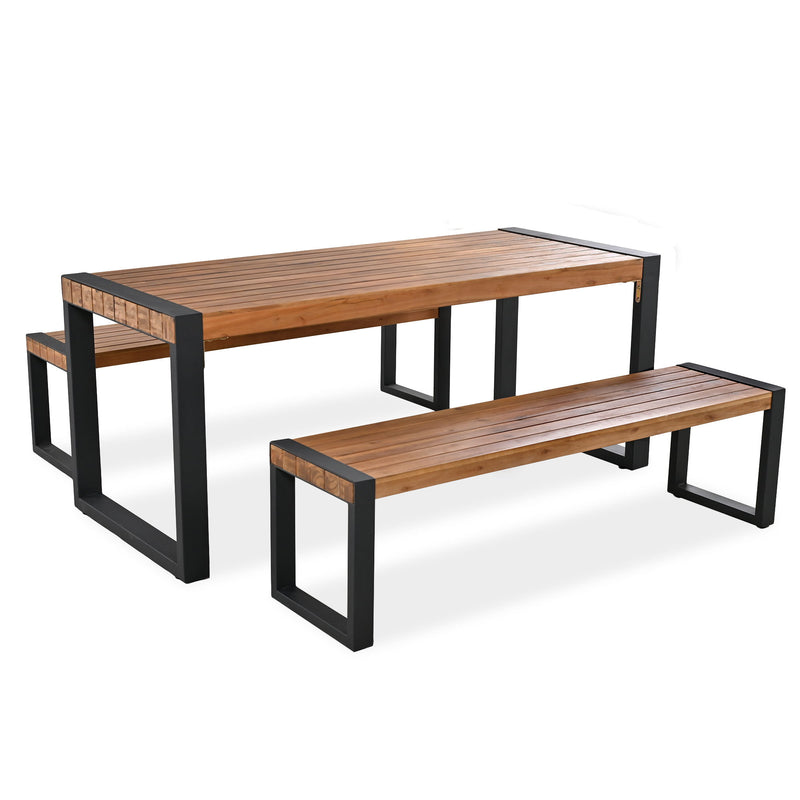 3 Pieces Outdoor Dining Table With 2 Benches, Patio Dining Set With Unique Top Texture, Acacia Wood Top & Steel Frame, All Weather Use, For Outdoor & Indoor - Natural