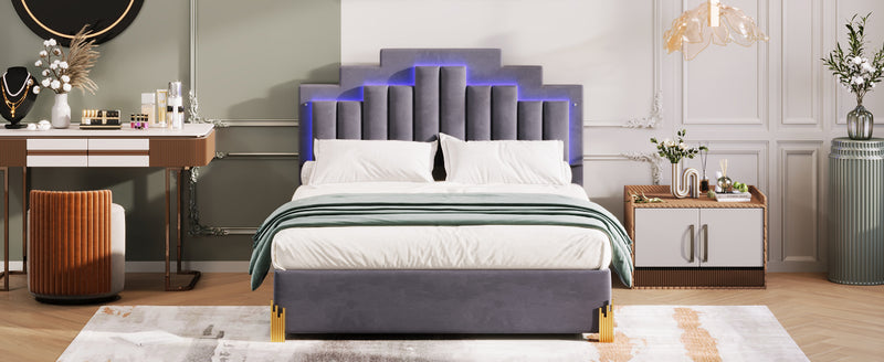 Queen Size Upholstered Platform Bed with LED Lights and 4 Drawers, Stylish Irregular Metal Bed Legs Design, Gray