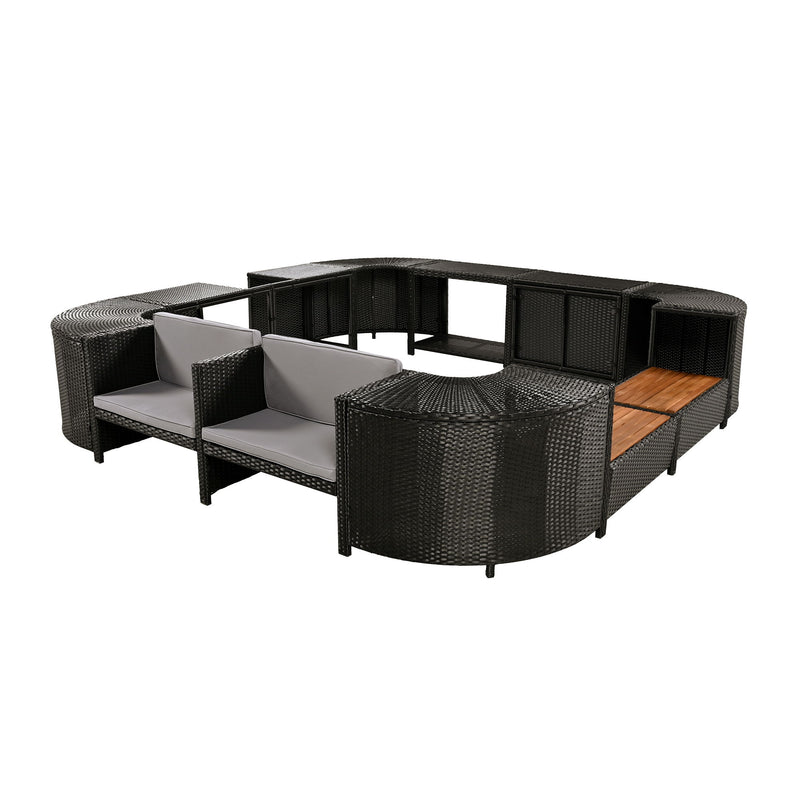 Spa Surround Spa Frame Quadrilateral Outdoor Rattan Sectional Sofa Set With Mini Sofa, Wooden Seats And Storage Spaces