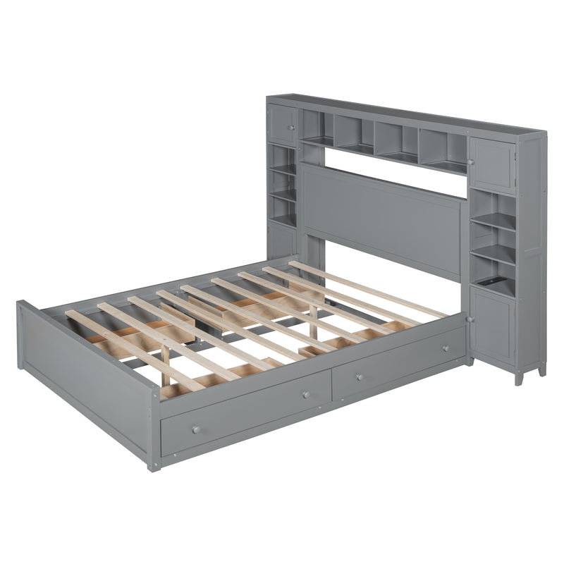 Queen Size Wooden Bed With All-in-One Cabinet, Shelf and Sockets, Gray