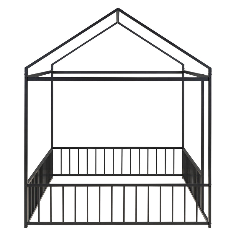 Metal Bed House Bed Frame With Fence, For Kids, Teens, Girls, Boys