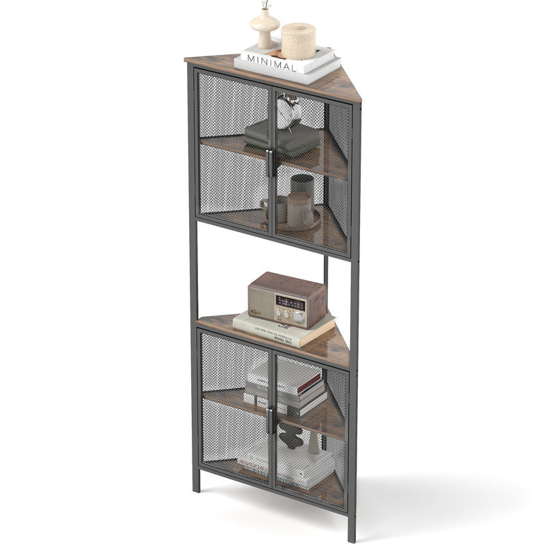 5 Tier Shelves With Metal Mesh Door, Bookcase Storage Shelf Corner Shelf For Small Space, Living Room - Black / Brown