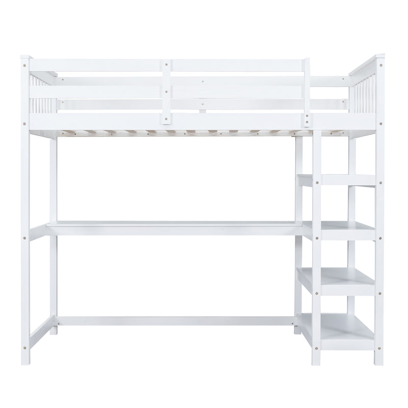 Twin Size Loft Bed with Storage Shelves and Under-bed Desk, White