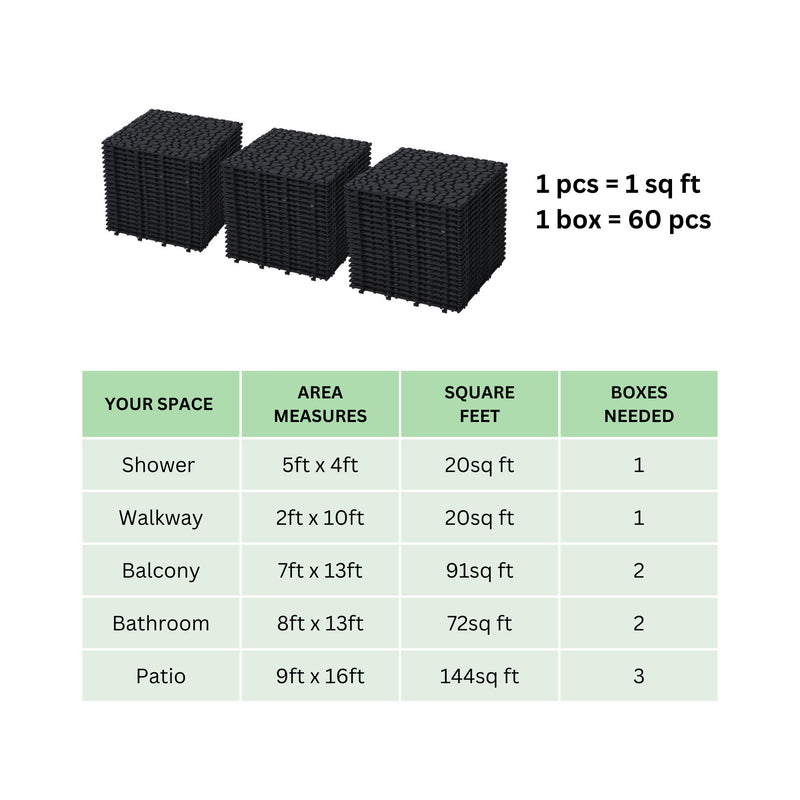 Interlocking Deck Tiles Plastic Waterproof Outdoor All Weather Anti-Slip Bathroom Shower Balcony Porch Strong Weight Capacity Upto 440 Lbs, Pebble Stone Pattern