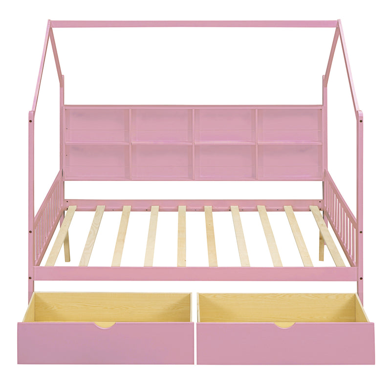 Wooden Full Size House Bed with 2 Drawers,Kids Bed with Storage Shelf, Pink