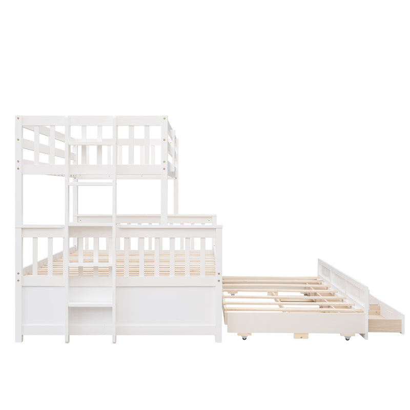 Twin-Over-Full Bunk Bed with Twin size Trundle , Separable Bunk Bed with Drawers for Bedroom - White