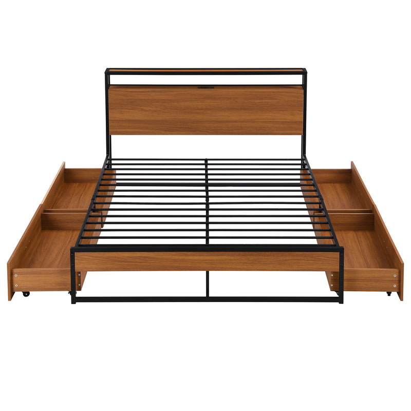 Queen Size Metal Platform Bed Frame with Four Drawers,Sockets and USB Ports ,Slat Support No Box Spring Needed Black