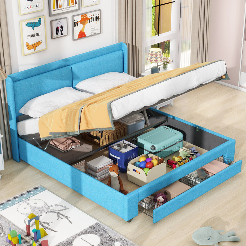 Queen Size Storage Upholstered Hydraulic Platform Bed with 2 Drawers, Blue