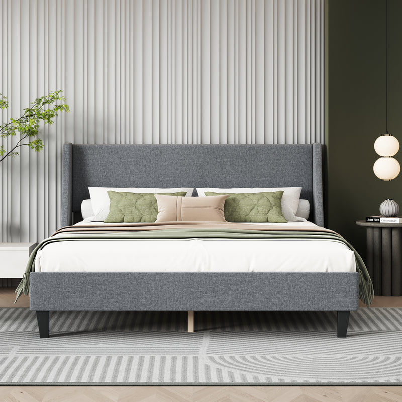 Queen Size Bed Frame Upholstered Bed Frame Platform,Non-adjustable Headboard Linen Fabric Headboard Wooden Slats Support/No Box Spring Needed/Easy Assembly/Mattress Foundation, Light gray