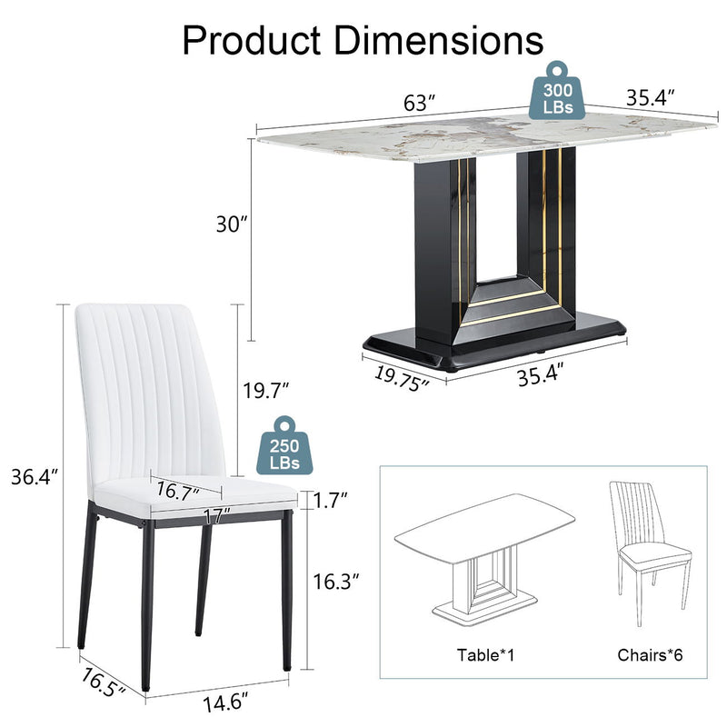 7 Piece Faux Marble Dining Table Set, Glass Rectangular Kitchen Table For 6 - 8, Modern Faux Marble Dining Room Table With MDF Base, Dining Table & 6 Chairs - White