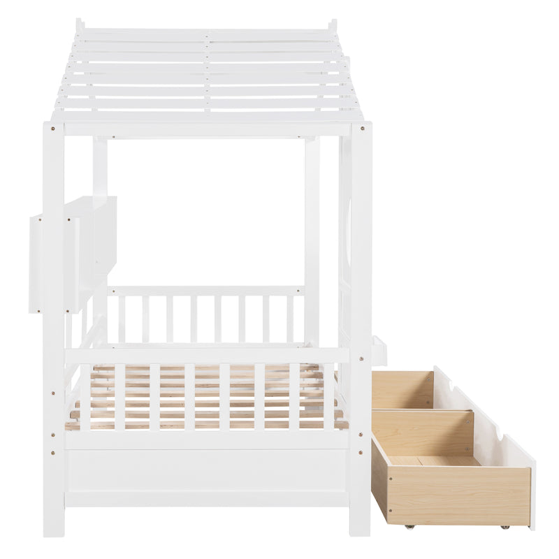 Wooden Twin Size House Bed with 2 Drawers,Kids Bed with Storage Shelf, White