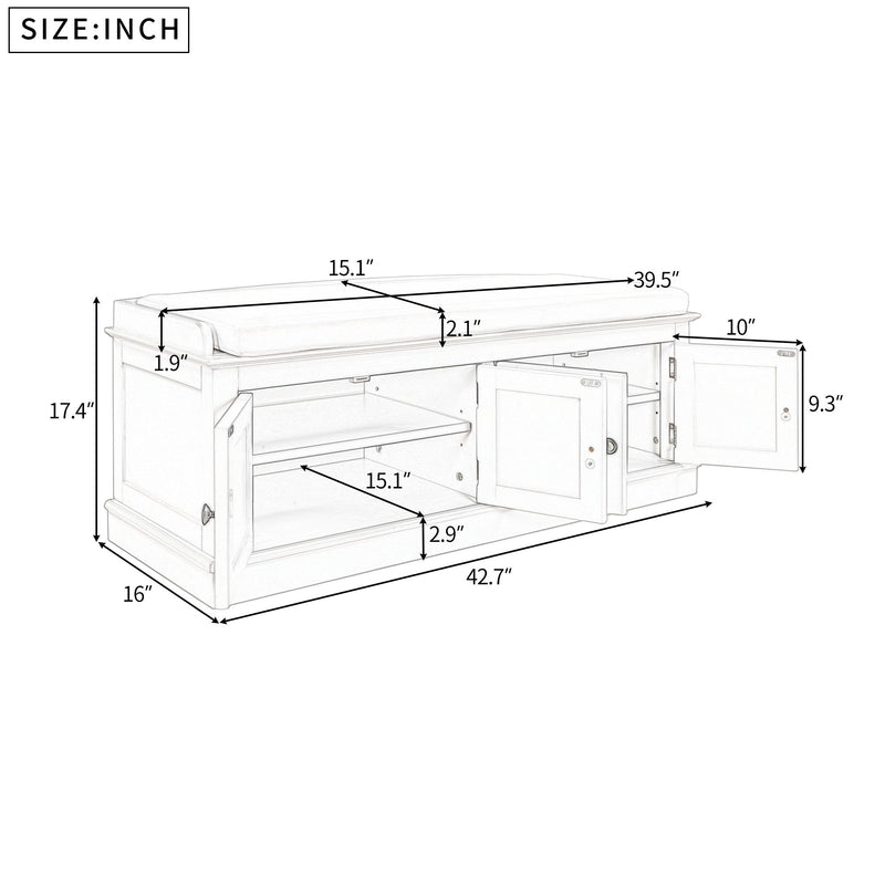 Storage Bench With 4 Doors And Adjustable Shelves, Shoe Bench With Removable Cushion For Living Room, Entryway