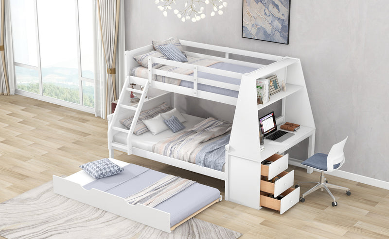 Twin over Full Bunk Bed with Trundle and Built-in Desk, Three Storage Drawers and Shelf,White