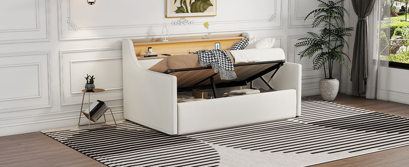 Twin Size Daybed with Hydraulic Storage, Upholstered Daybed with Lift Up Storage, Twin Leather Daybed with Charging Station and LED Lights,White(Expect arrival date Feb.13rd)