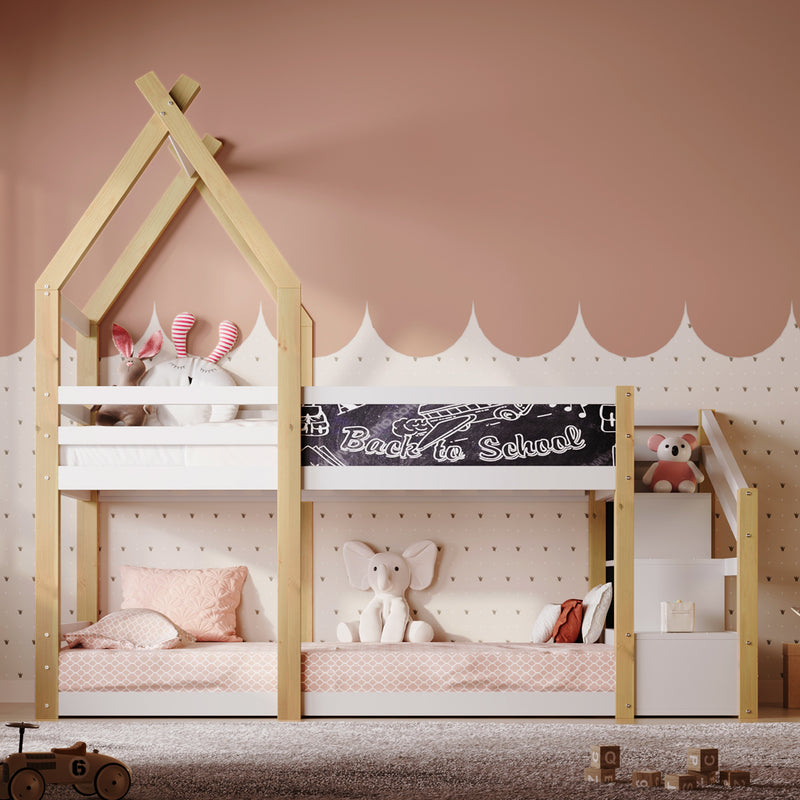 Twin over Twin House Bunk Bed with White Storage Staircase and Blackboard, White and Natural