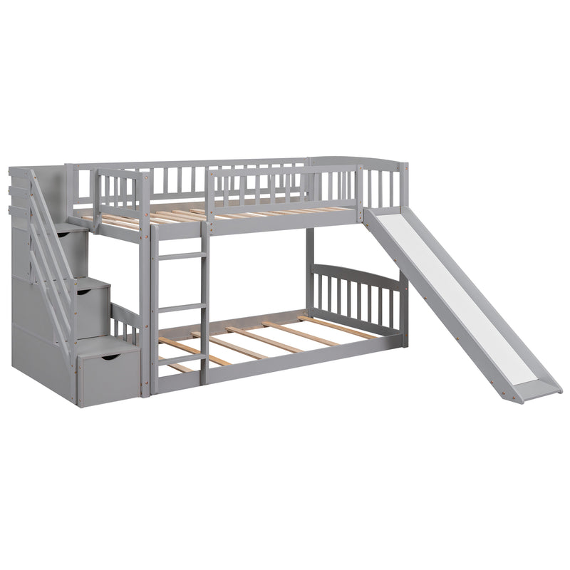 Stairway Twin over Twin Bunk Bed with Two Drawers and Slide, Gray(OLD SKU :LT000155AAE)