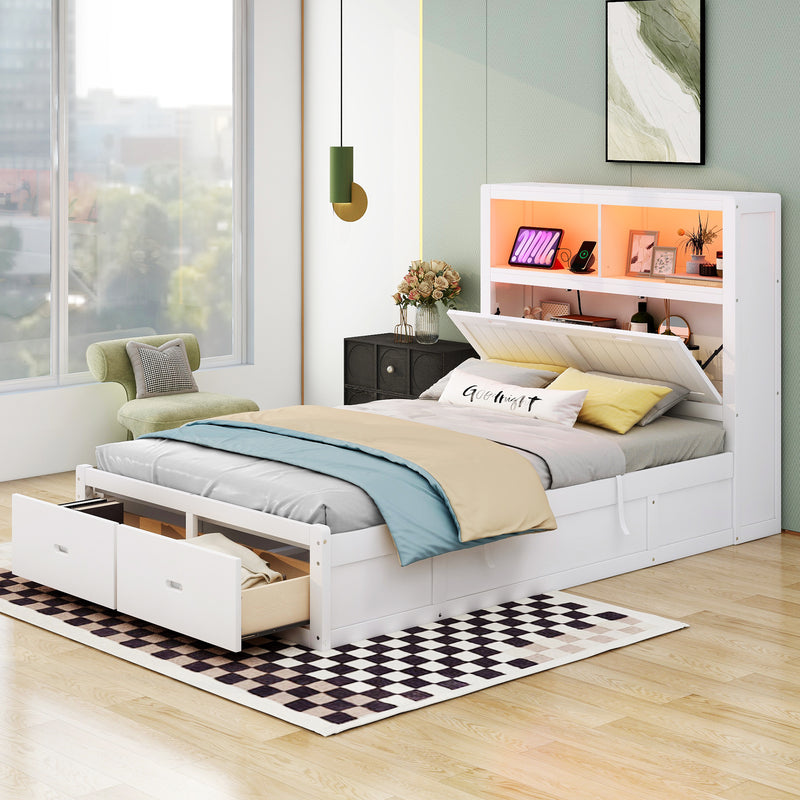 Wood Full Size Hydraulic Platform Bed with Storage LED Headboard, Charging Station and 2 Drawers, White