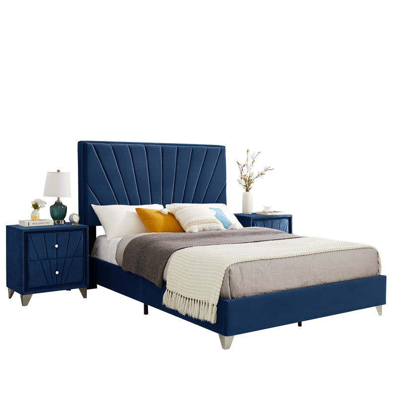 B108 Full bed with one nightstand, Beautiful line stripe cushion headboard , strong wooden slats + metal legs with Electroplate