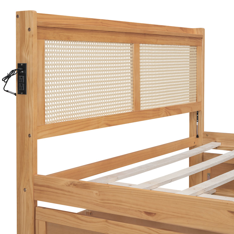 Queen Size Elegant Bed Frame with Rattan Headboard and Sockets ,Walnut