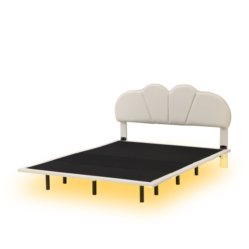 Queen Size Upholstery LED Floating Bed with PU Leather Headboard and Support Legs,Beige