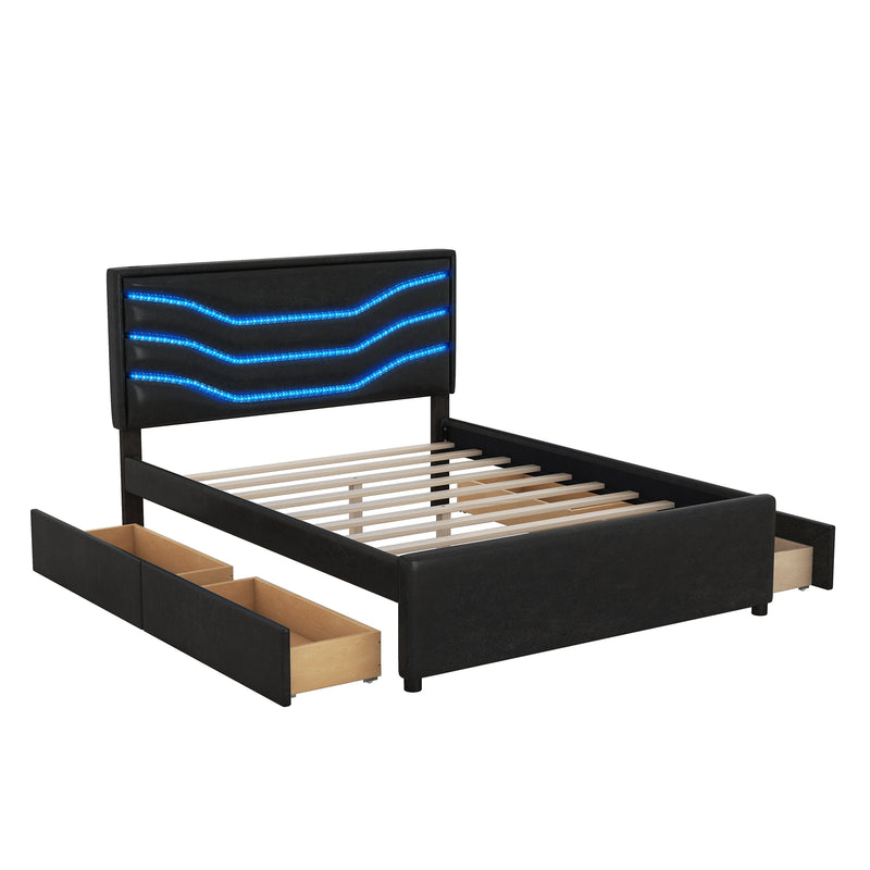 Queen Size Upholstered Storage Platform Bed with LED, 4 Drawers and USB Charging, Black