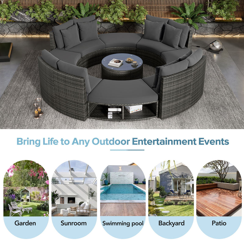 Outdoor Patio Furniture Luxury Circular Sofa Set Rattan Wicker Sectional Sofa Lounge Set With Tempered Glass Coffee Table, 6 Pillows