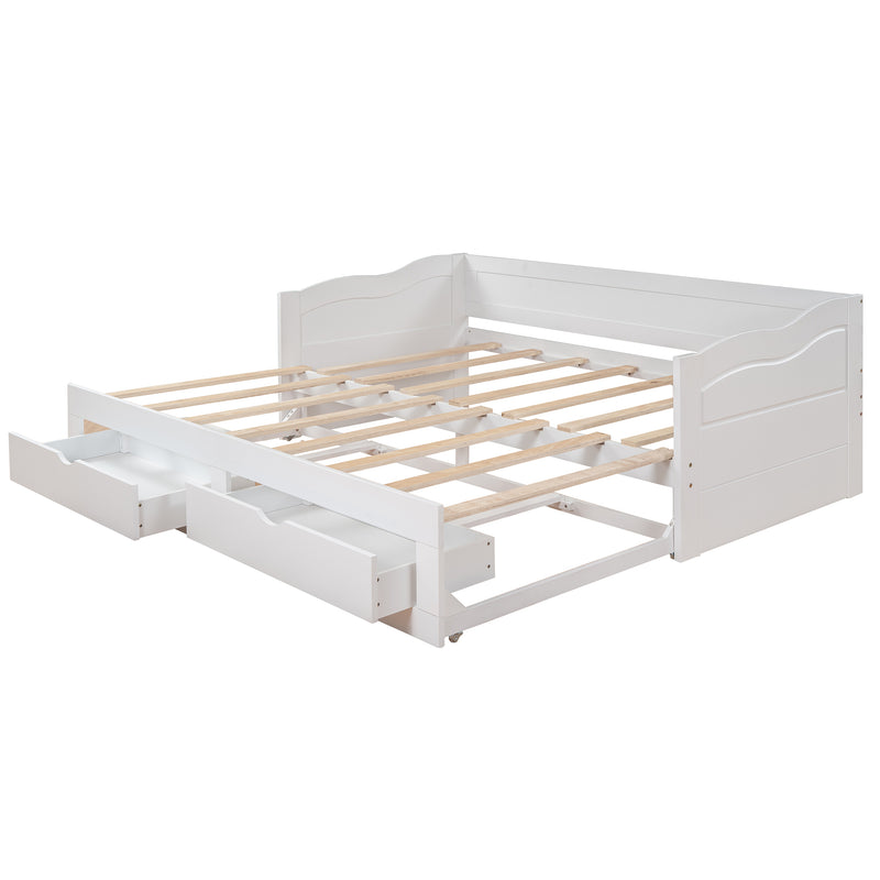 Wooden Daybed with Trundle Bed and Two Storage Drawers , Extendable Bed Daybed,Sofa Bed with Two Drawers, White