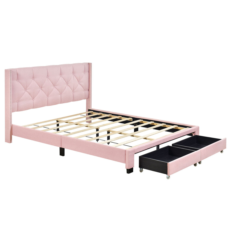 Queen Size Storage Bed Linen Upholstered Platform Bed With Two Drawers - Pink